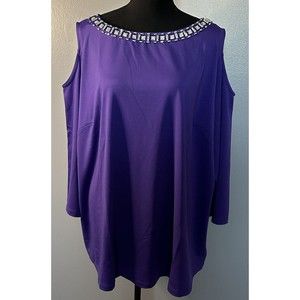 Susan Graver Womens 3X Purple Jeweled Neck Blouse Cold Shoulder Top Tunic NWT